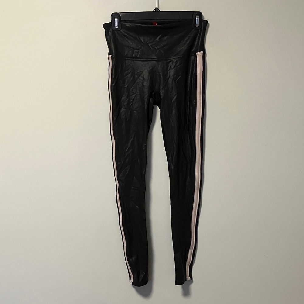 SPANX Black Coated Leggings with White Stripes
